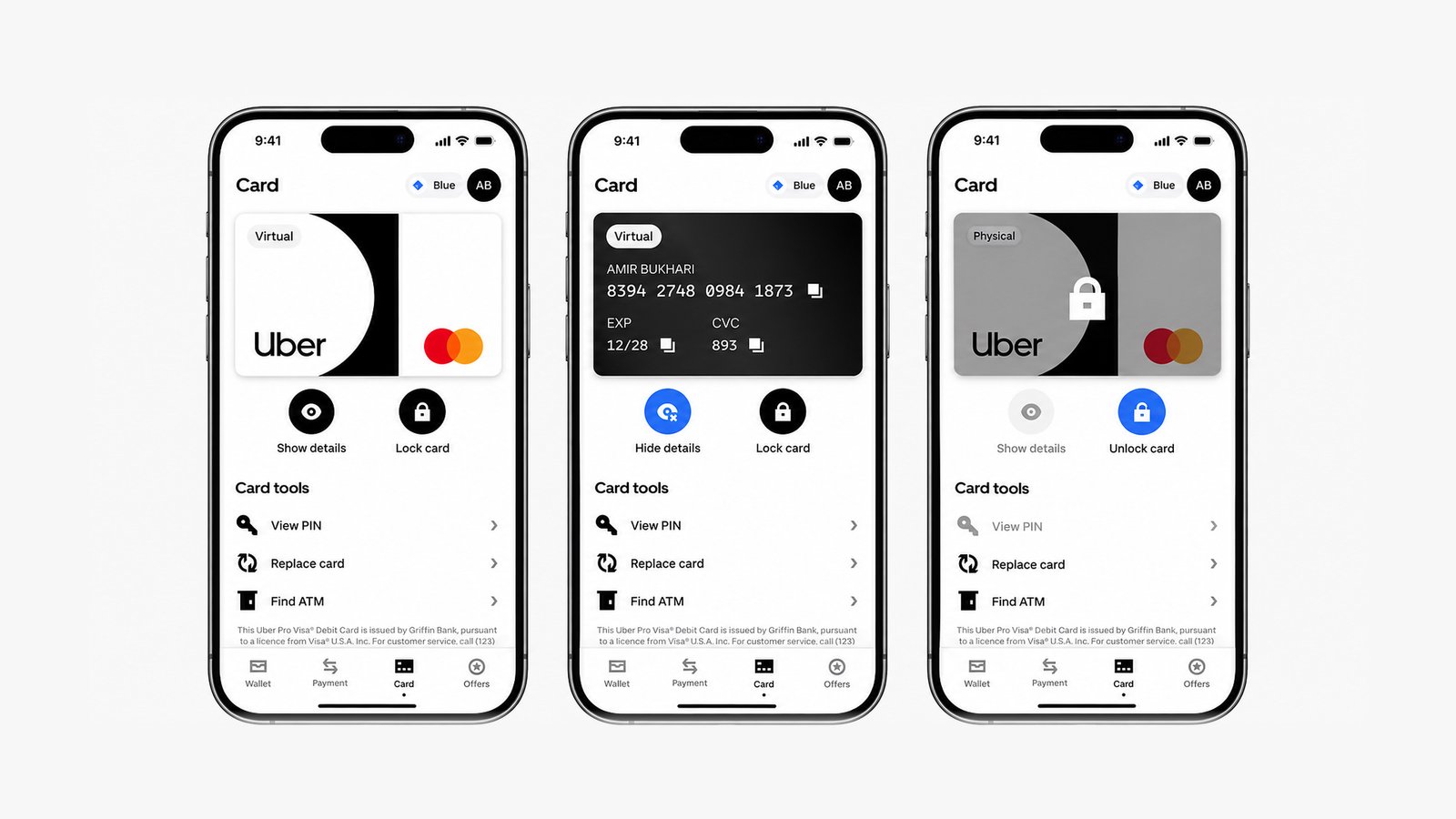 Three card management screens: card details hidden, details shown, and card locked