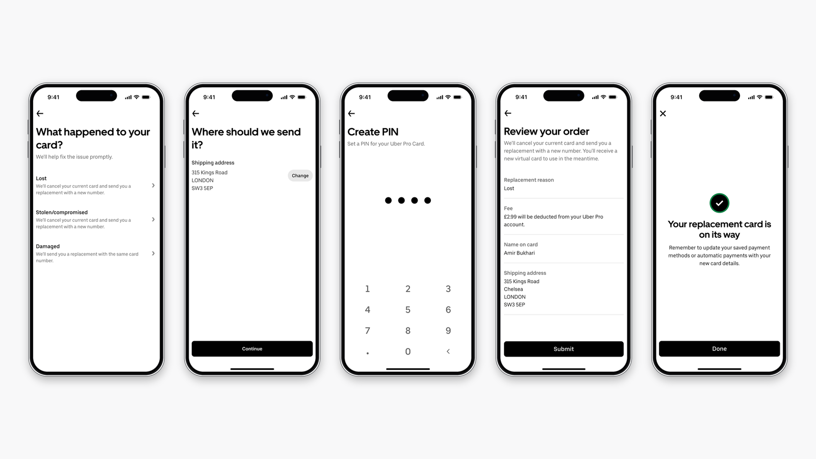 Five-step replace card flow: choose what happened, confirm shipping address, create a PIN, review the order, and confirmation